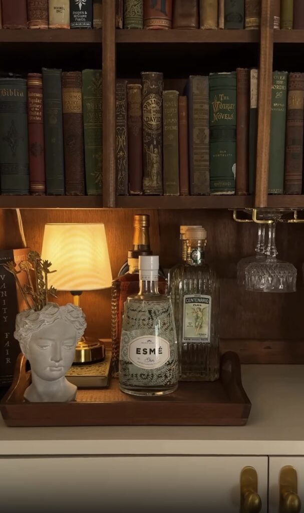 Elegant home bar setup with books, decorative items, and spirits for DIY drinks station.