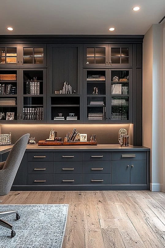 Elegant built-in wall cabinet with shelves and drawers for stylish storage.