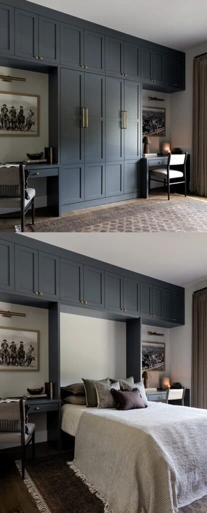 Elegant Murphy bed setup in a home office with blue cabinetry and cozy workspace.