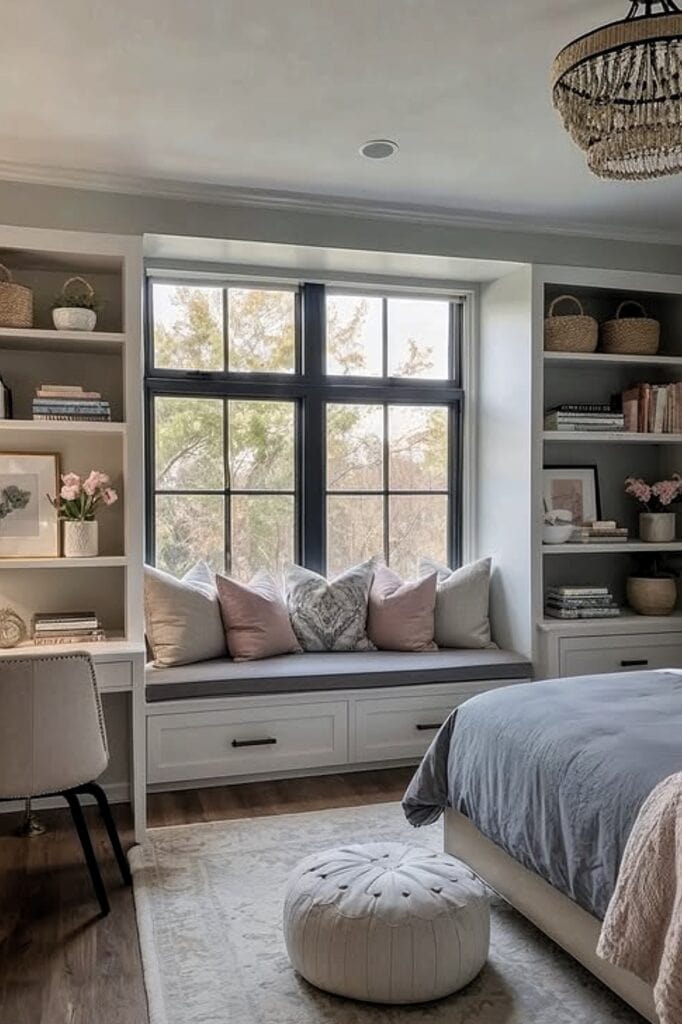Bright bedroom window nook with built-in storage and plush cushions.