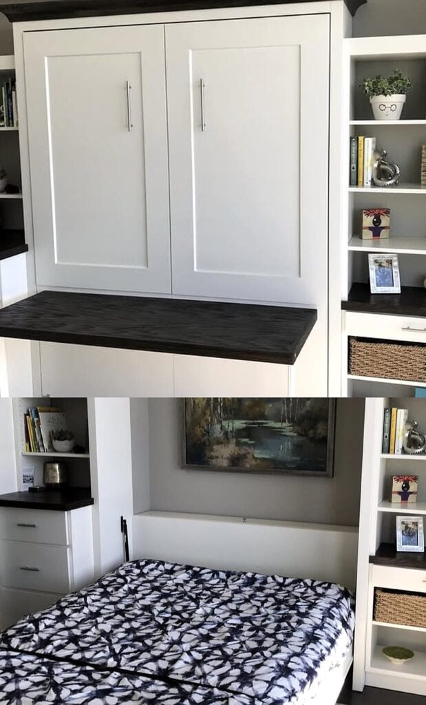 White Murphy bed cabinet with built-in storage and workspace for small rooms.