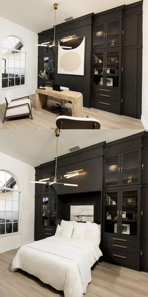 Elegant Murphy bed setup in a home office with custom cabinetry and workspace.