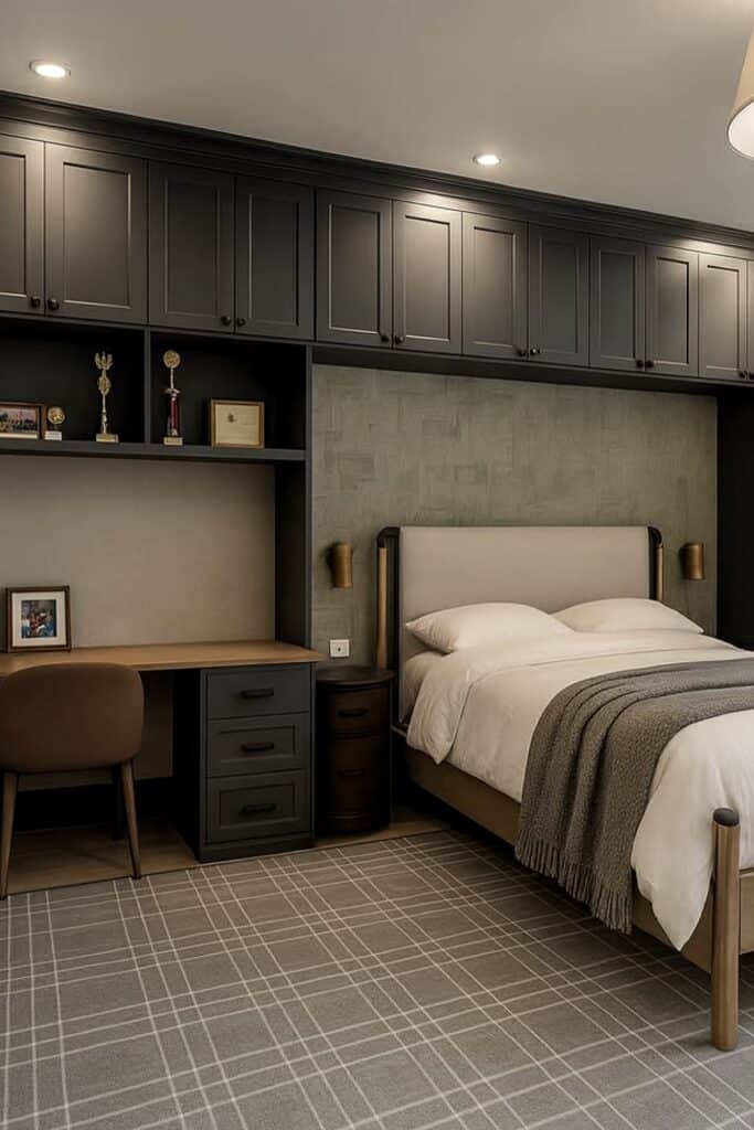 Elegant bedroom featuring built-in cabinets, a desk, and a comfortable bed.