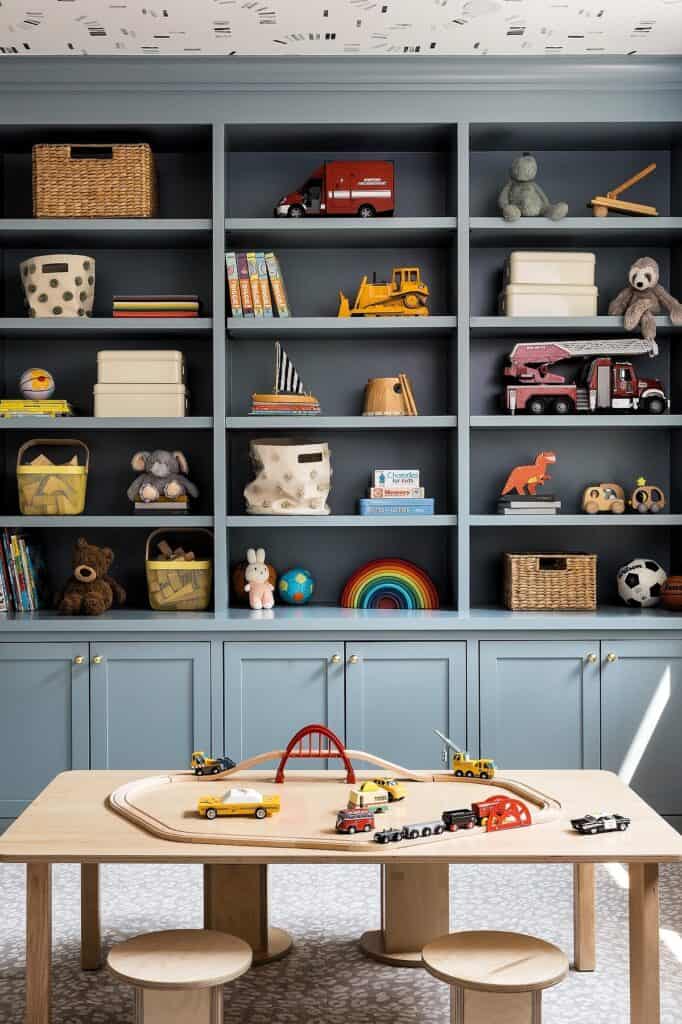 Colorful built-in playroom storage unit with toys, books, and decor.