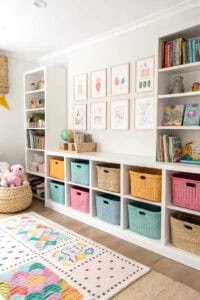 Bright and organized playroom with built-in storage and colorful baskets.