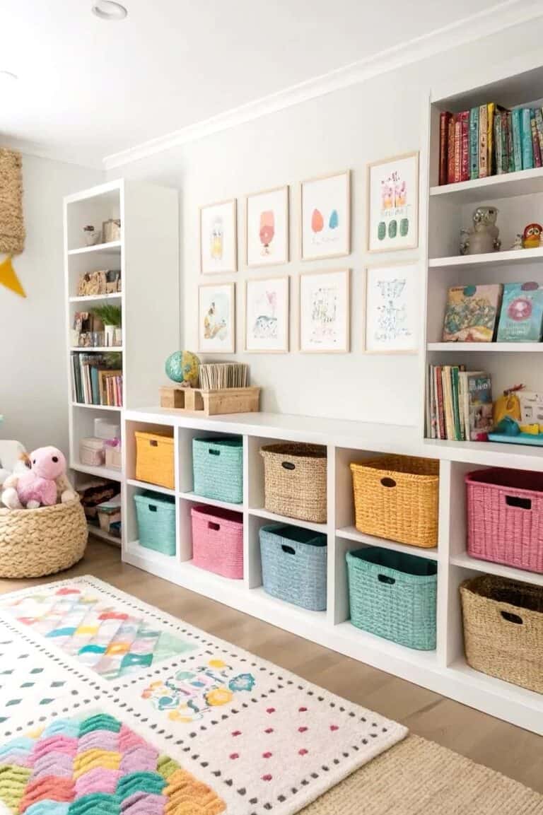 Bright and organized playroom with built-in storage and colorful baskets.