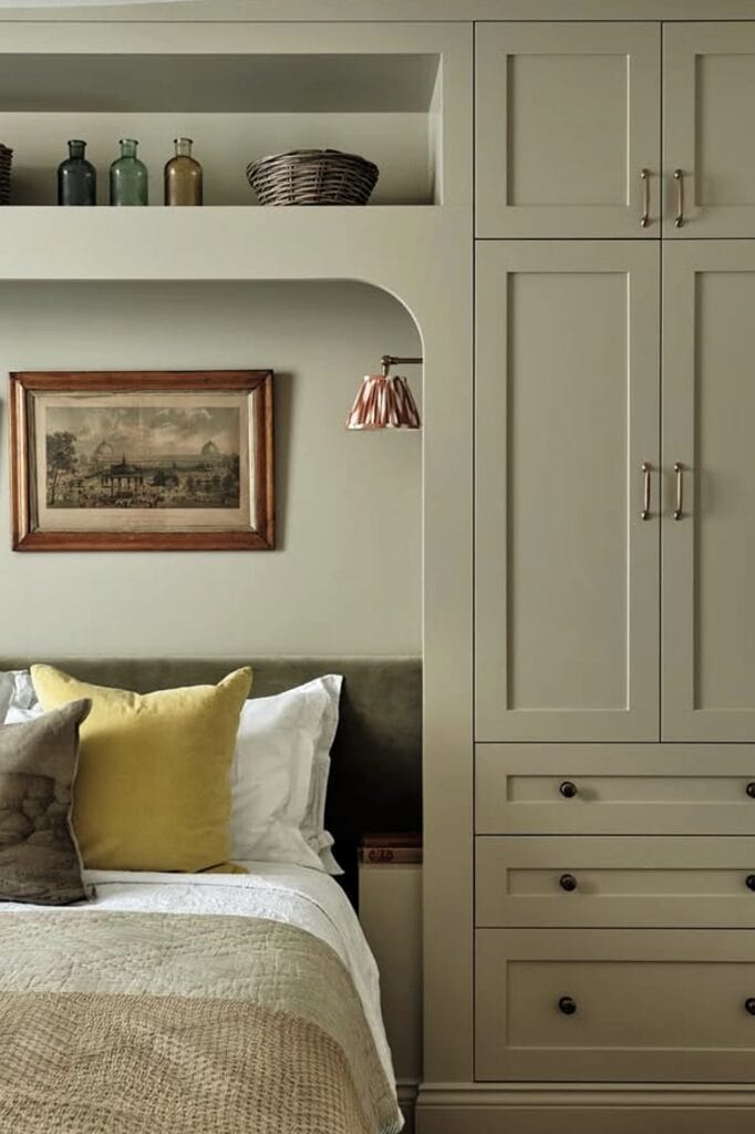 Modern bedroom featuring built-in cabinets and cozy decor for a stylish look.