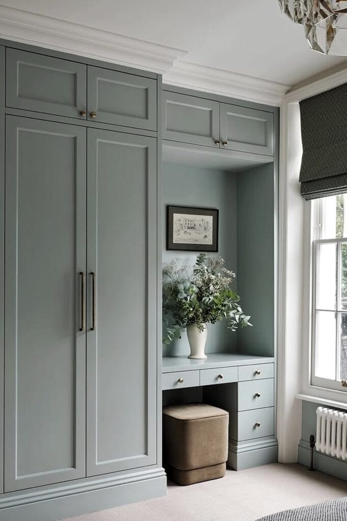 Elegant built-in wardrobe and vanity area in a modern bedroom.