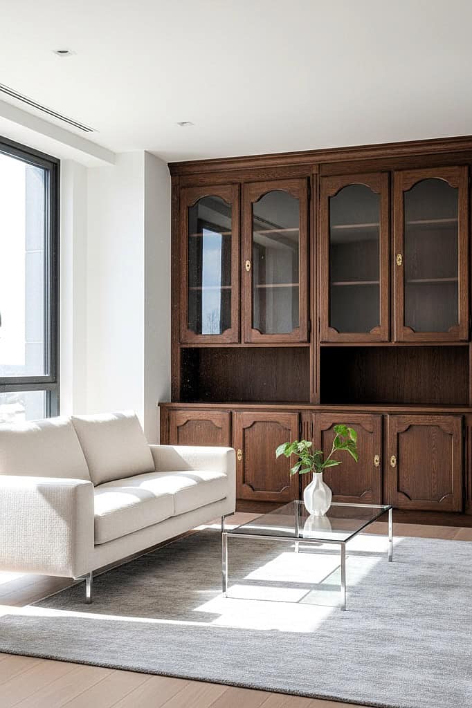 outdated built-in wooden living room cabinets with glass doors and shelves.