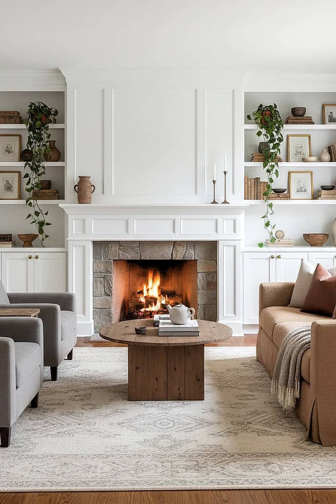 Elegant built-in living room cabinets with decorative items and greenery.