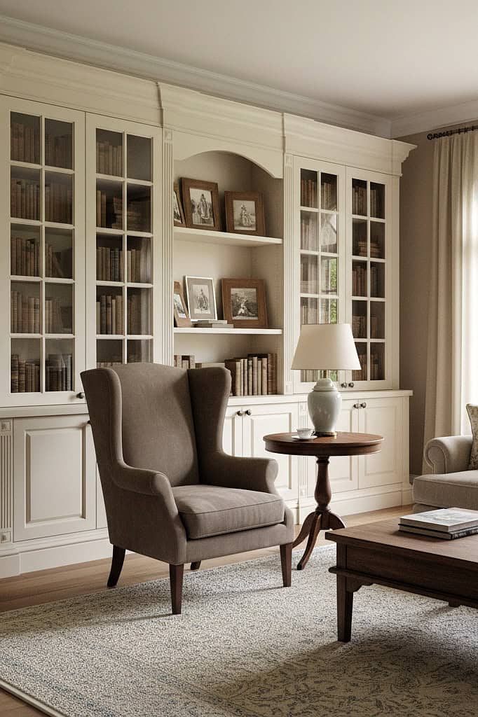 Built-in living room cabinets with display shelves and cozy armchair for home decor.