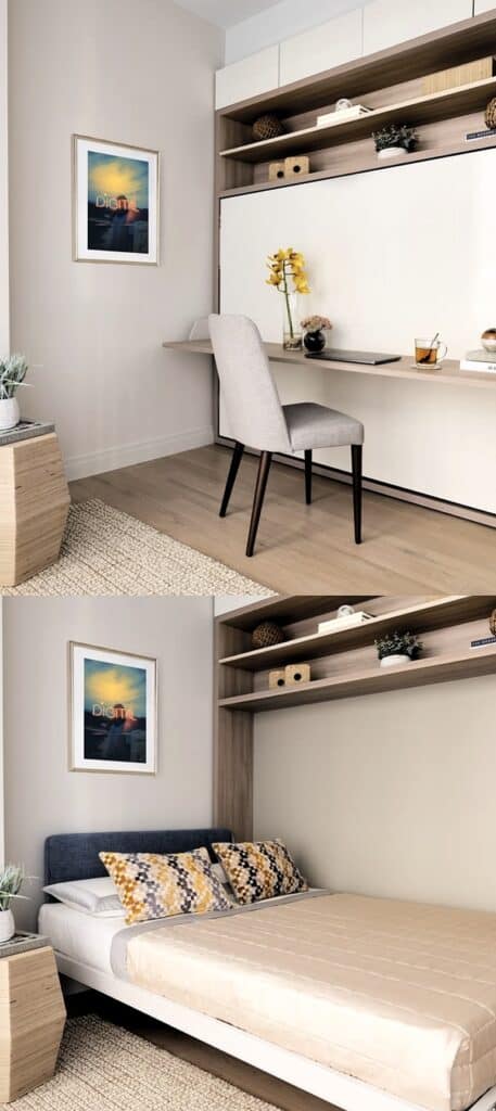 Fold-down Murphy bed with workspace and storage in a compact home office.