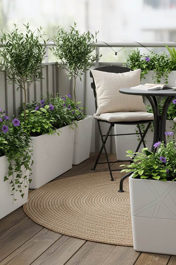 A cozy balcony with lush green plants in white planter boxes and a comfortable chair.
