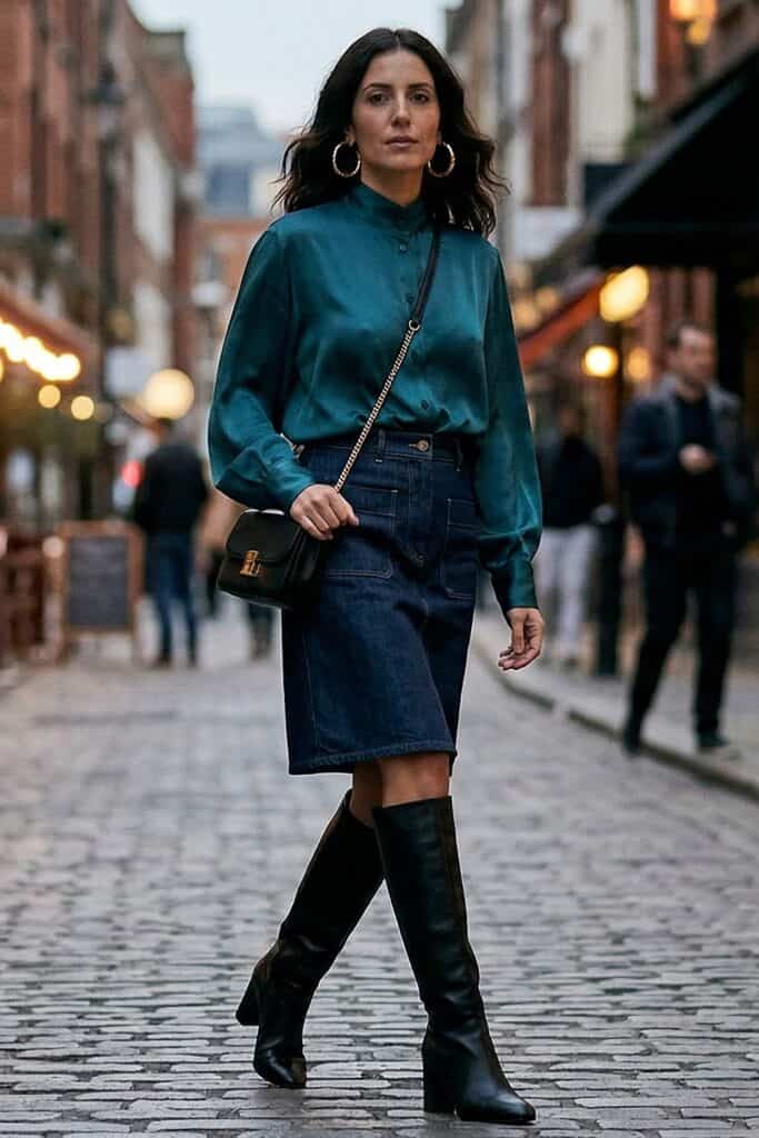 Stylish denim skirt paired with over-the-knee boots for a trendy look.