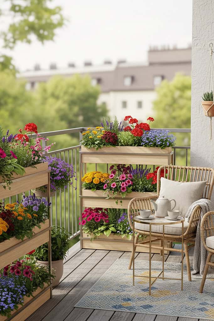 Beautiful balcony garden with colorful flowers and cozy seating.