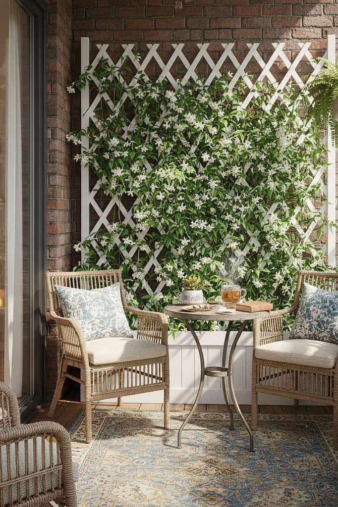 Beautiful small balcony garden featuring a white lattice with lush green plants and cozy seating are.