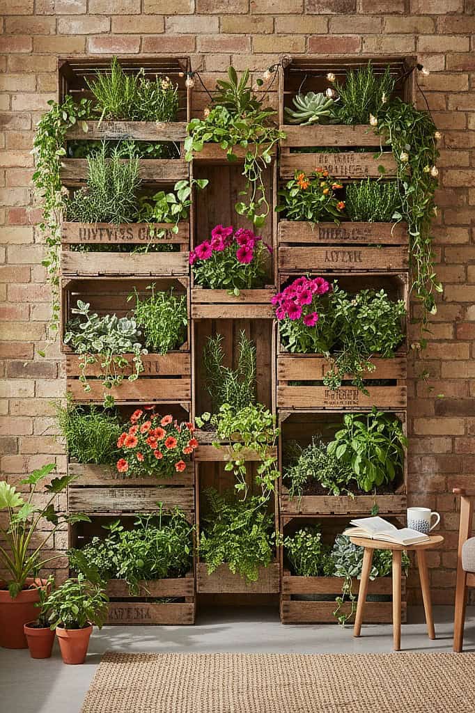 Vertical wooden planter wall with lush greenery and colorful flowers.
