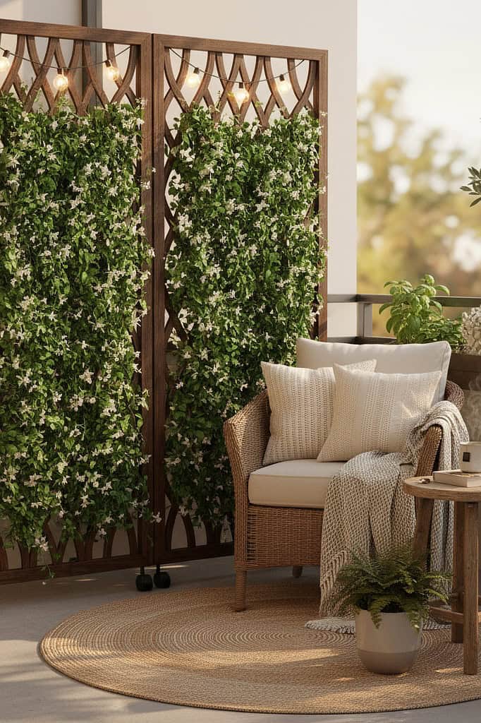 Outdoor balcony with small green plants, wicker chair, and decorative pillows.