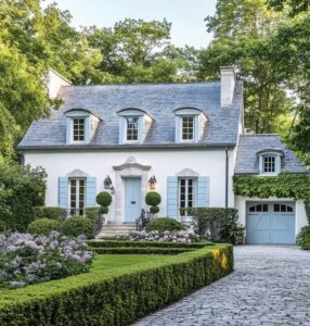 Elegant French country home with white facade, blue shutters, and lush garden.