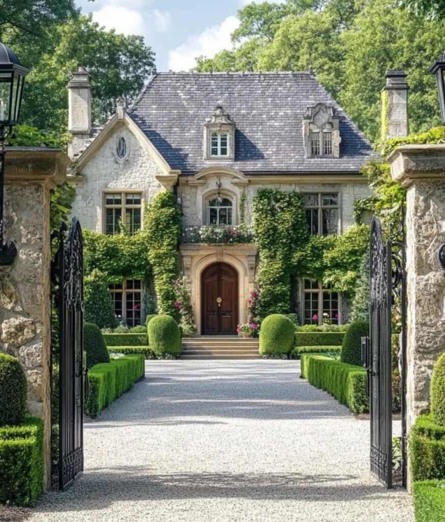 Elegant French country exterior with ivy-covered stone walls and manicured gardens.