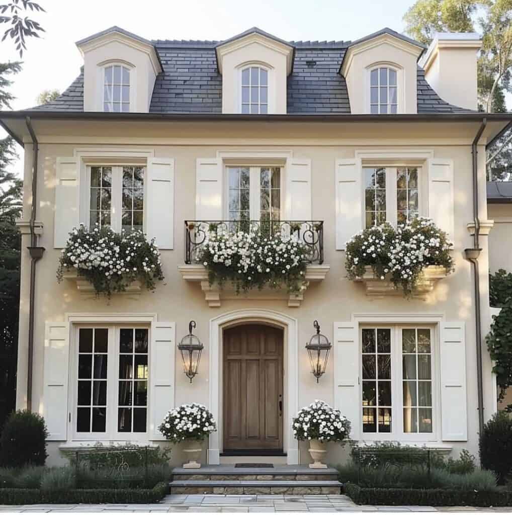 Elegant French country home facade with white shutters, flower boxes, and classic architecture.