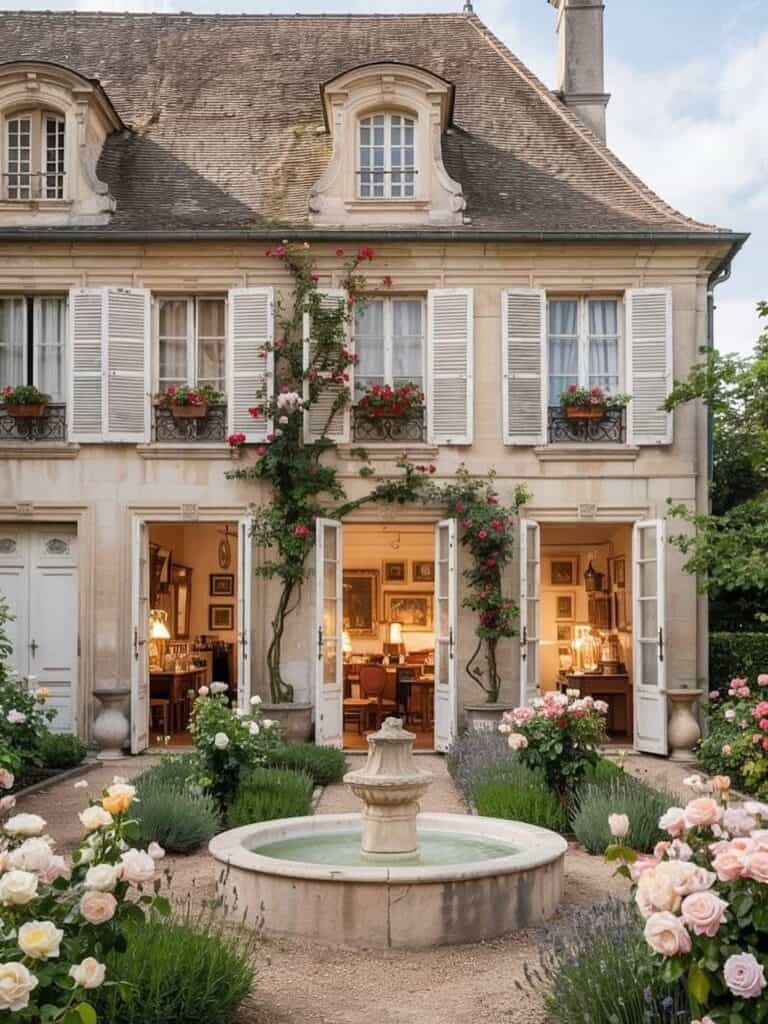 Elegant French country house facade with blooming roses and classic fountain.