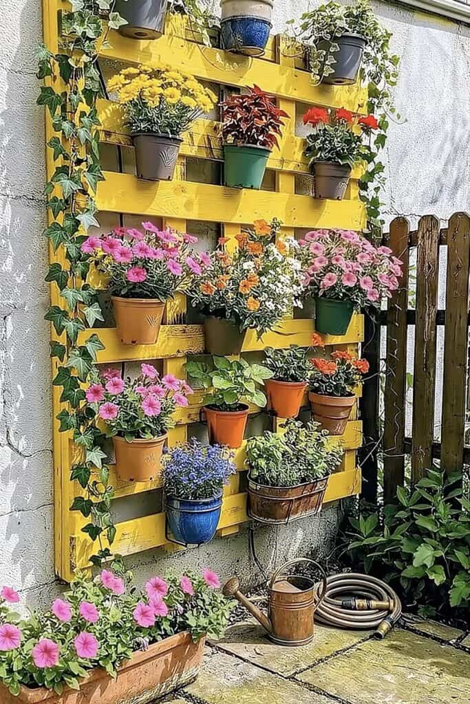 Colorful balcony garden with small planter boxes on a yellow wall.