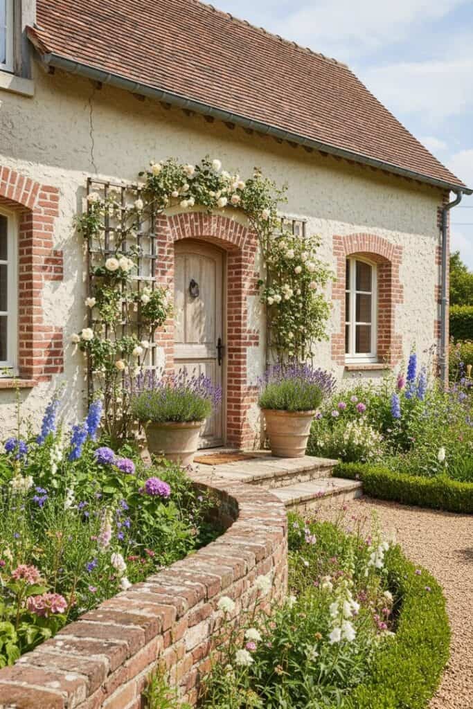 Beautiful French country exterior with lush garden and blooming roses.