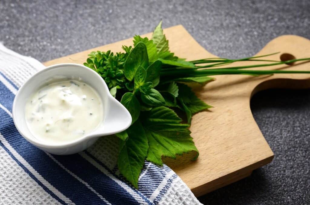Fresh herbs and creamy dressing for high-protein salad topping.