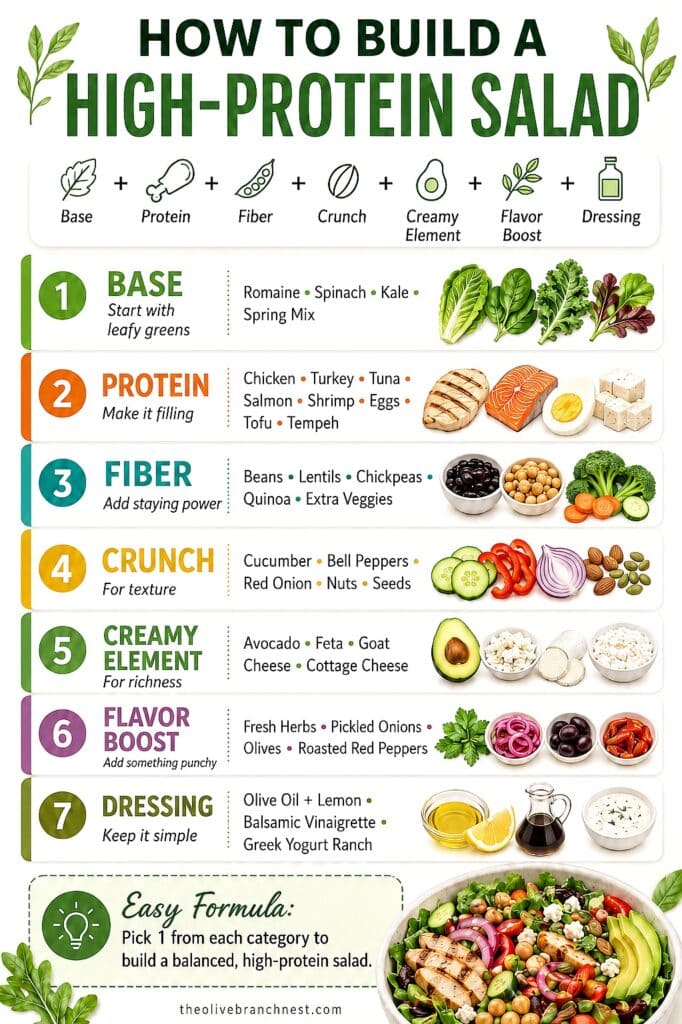 Healthy high-protein salad with fresh ingredients and dressing.