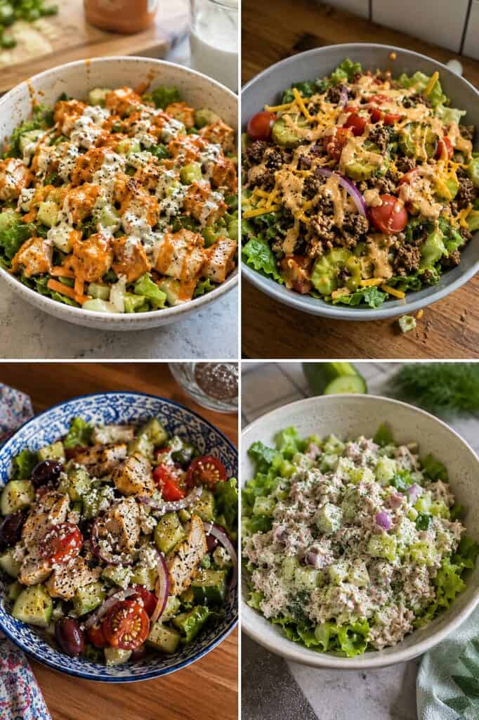 Delicious high-protein salads with fresh vegetables and toppings.