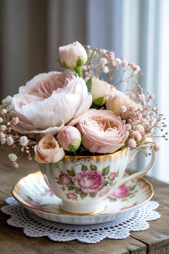 Beautiful vintage floral teacup filled with peonies, roses, and baby's breath, perfect for home deco.