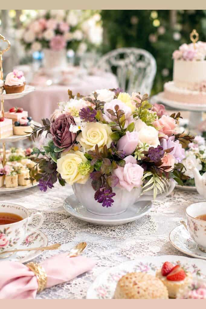 Beautiful floral arrangement with roses, lavender, and peonies for special events.