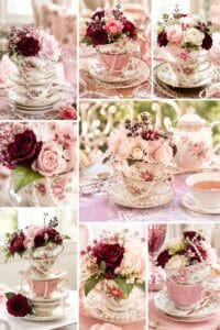 Beautiful vintage floral teacup arrangements with roses and peonies.