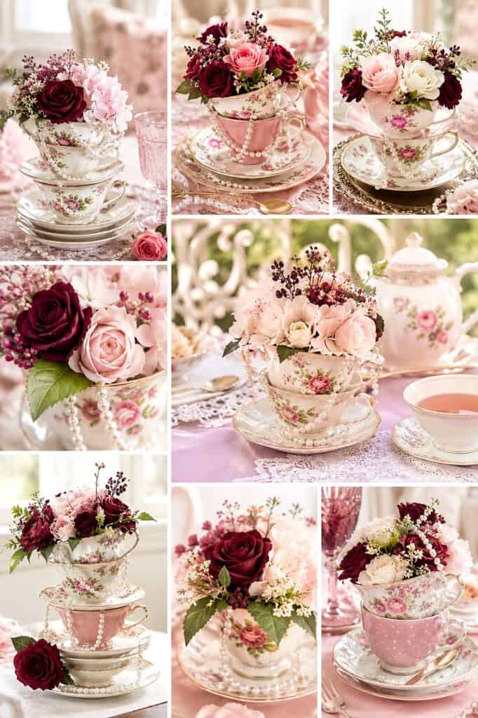 Beautiful vintage floral teacup arrangements with roses and peonies.