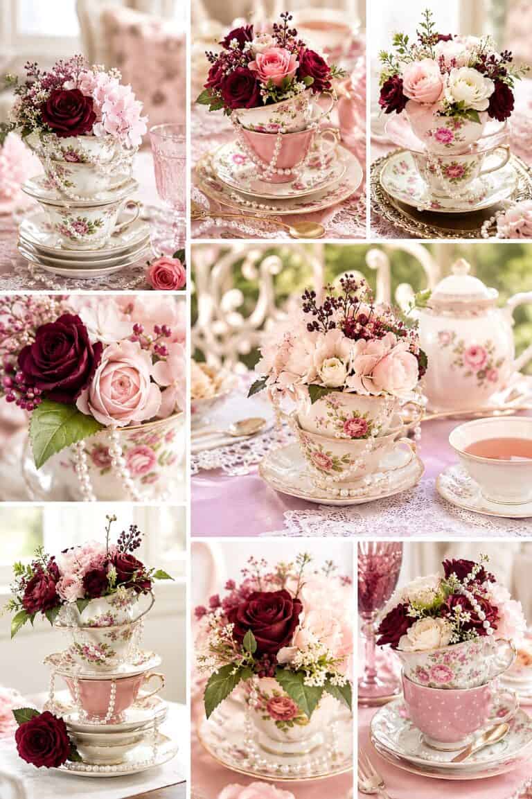 Beautiful vintage floral teacup arrangements with roses and peonies.