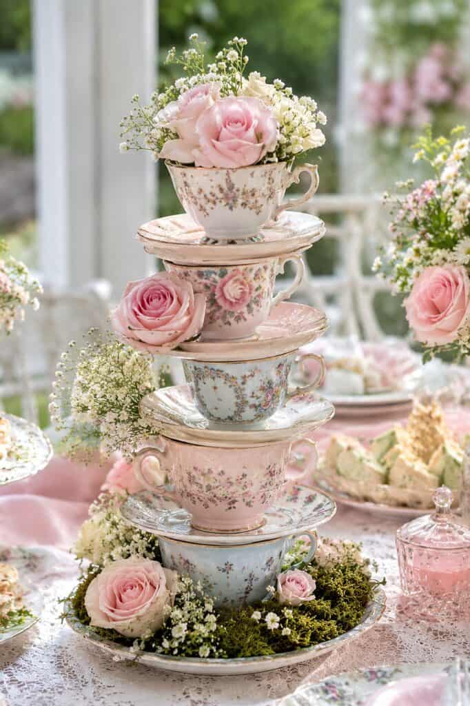 Elegant vintage teacup centerpiece with pink roses and delicate flowers.