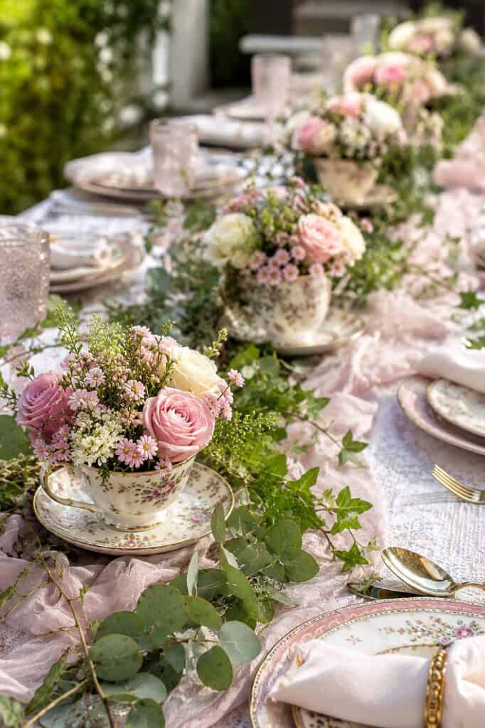 Beautiful floral centerpiece with pink roses, greenery, and vintage tableware for outdoor dining.