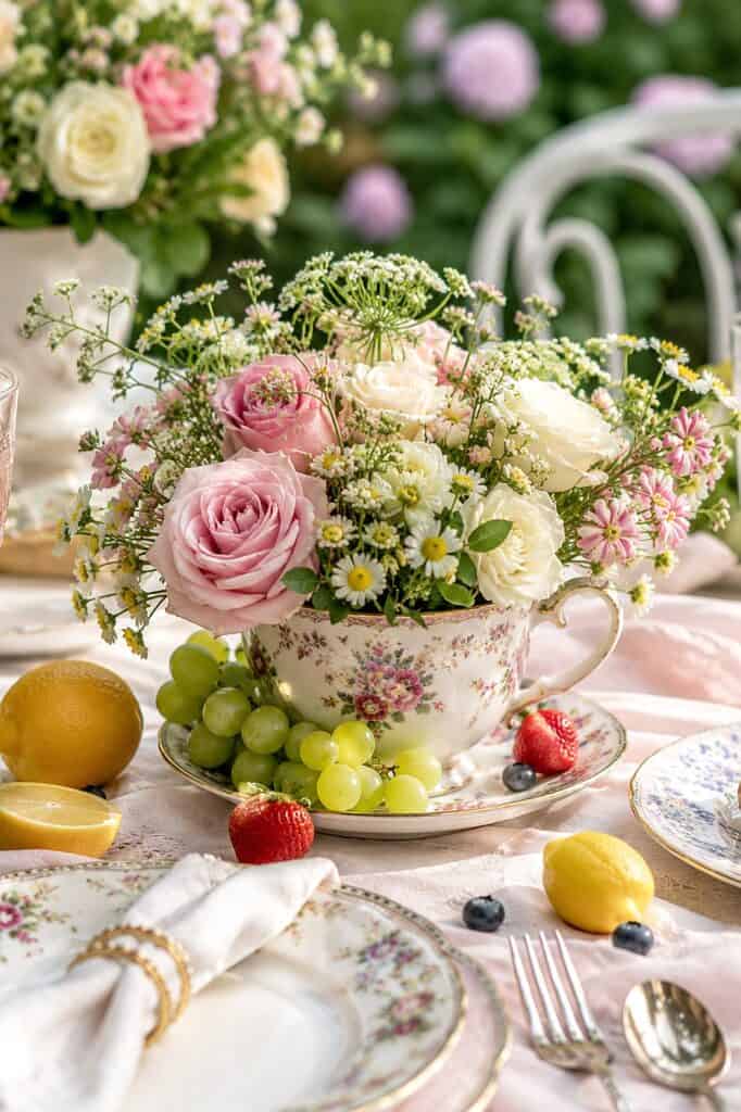 Beautiful floral tea party centerpiece with roses, daisies, and grapes.