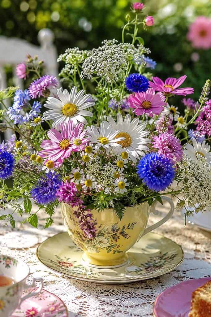 Beautiful spring flower bouquet in a vintage floral teacup, perfect for home decor and gifts.