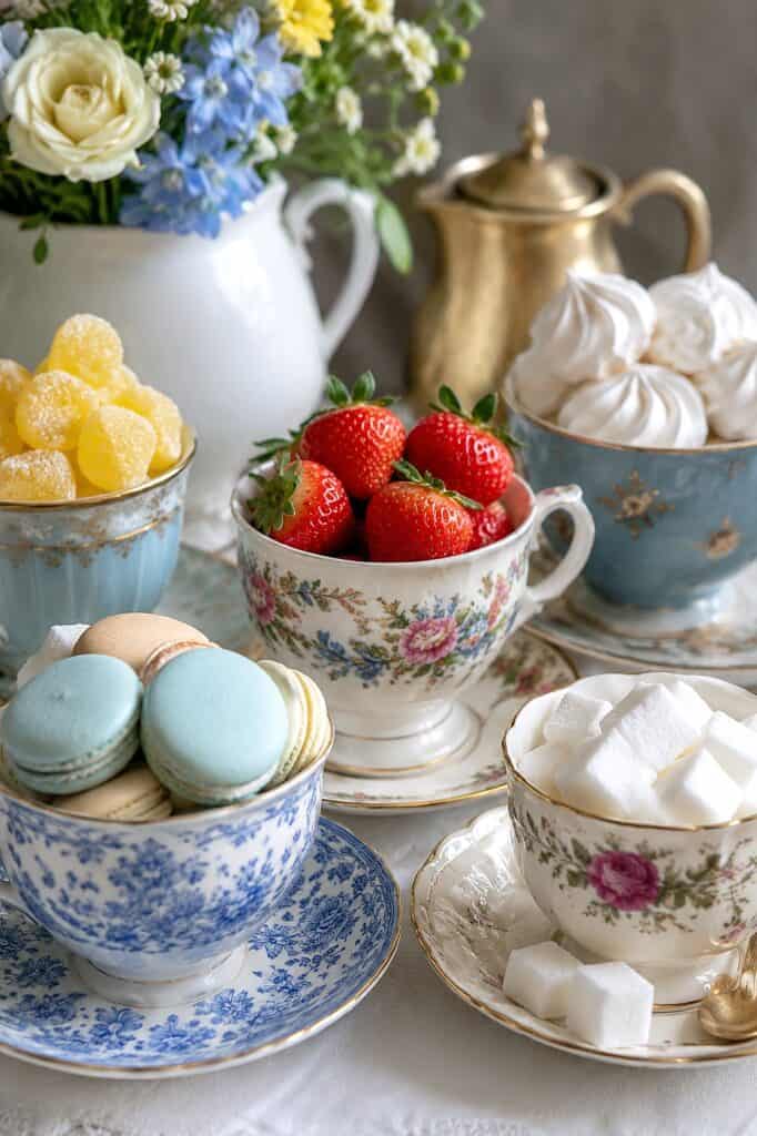 Delicious assortment of strawberries, macarons, and meringues in vintage china for tea time.