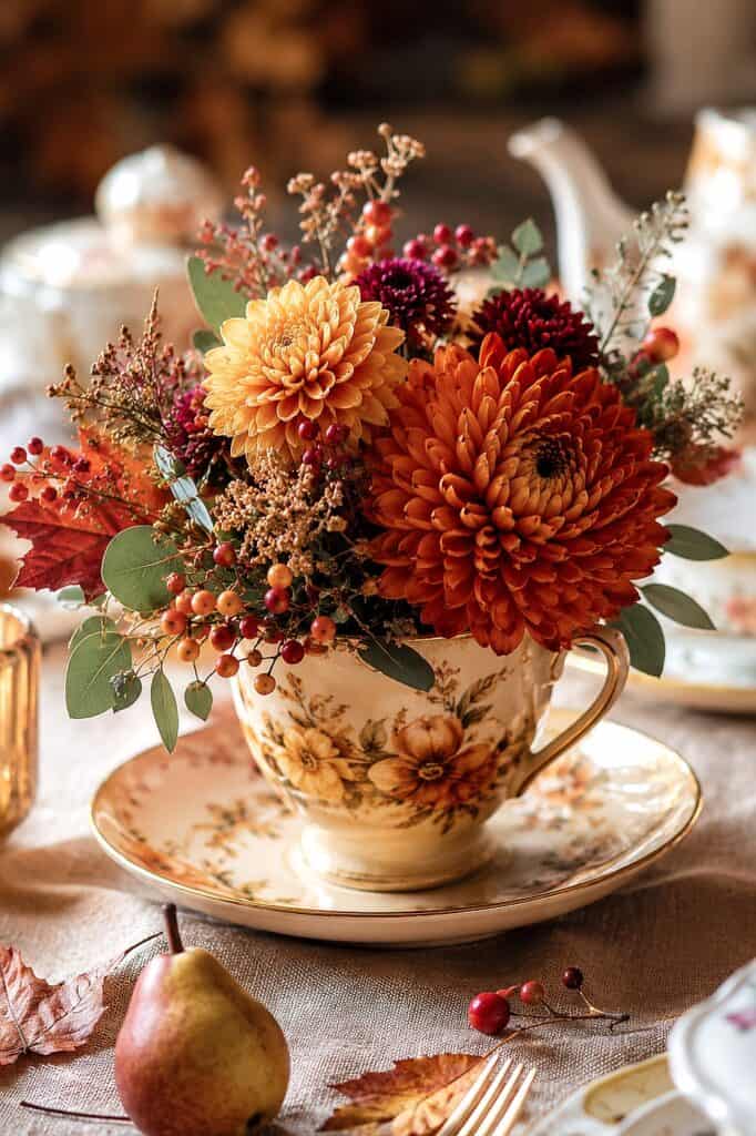 Beautiful fall flower bouquet in a vintage floral teacup, perfect for seasonal decor.