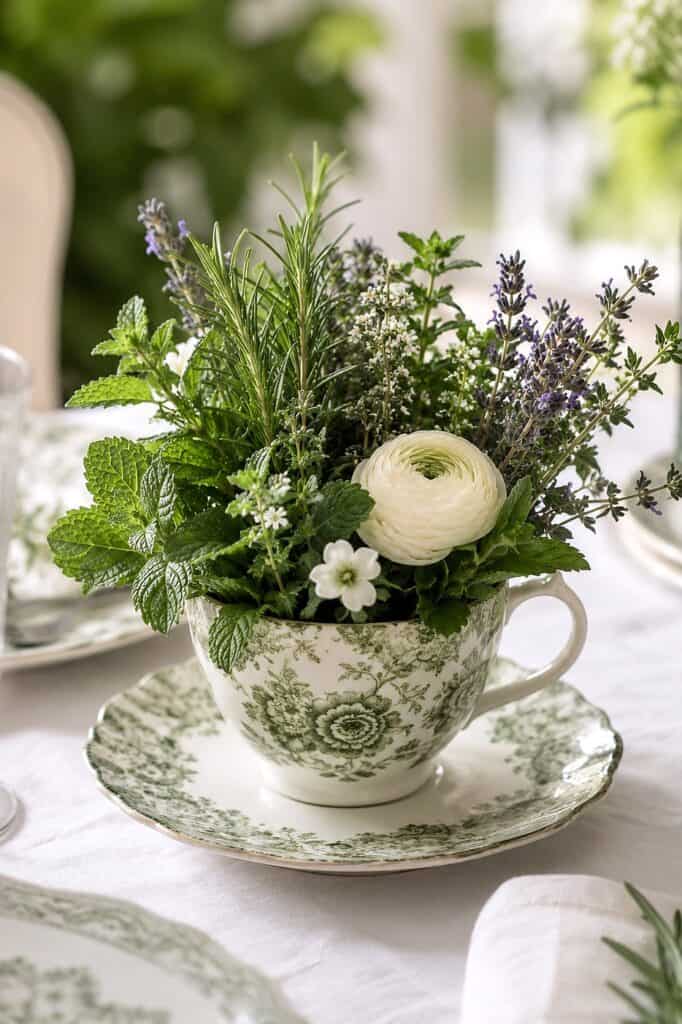Beautiful herbal and lavender flower display in an elegant vintage teacup on a table.