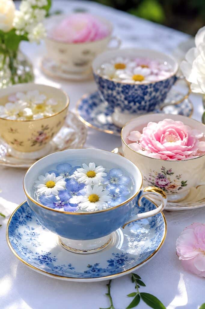 Elegant floral patterned teacups with daisies and roses for tea time.