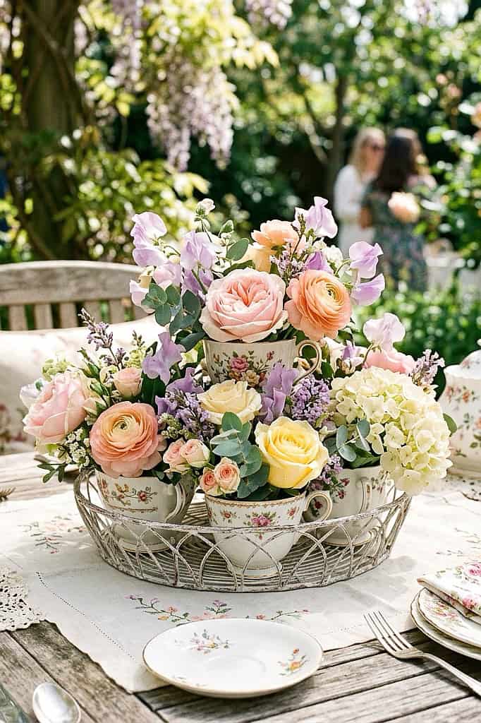 Beautiful spring floral centerpiece with roses, hydrangeas, and lavender in teacups on garden table.