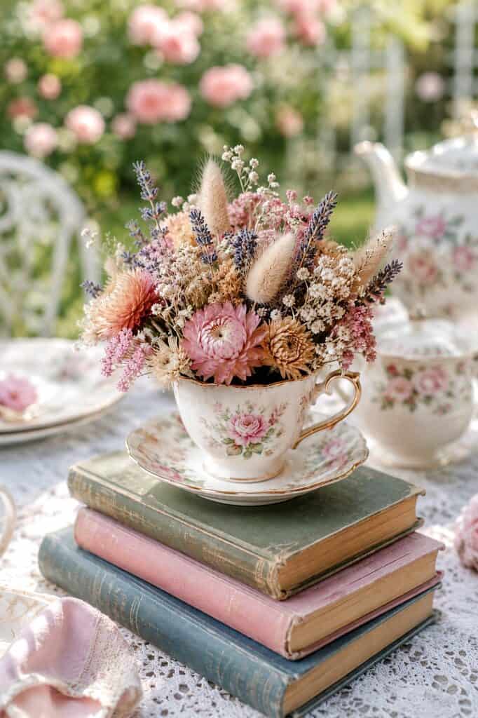 Elegant dried flower arrangement in vintage teacup, perfect for garden decor.