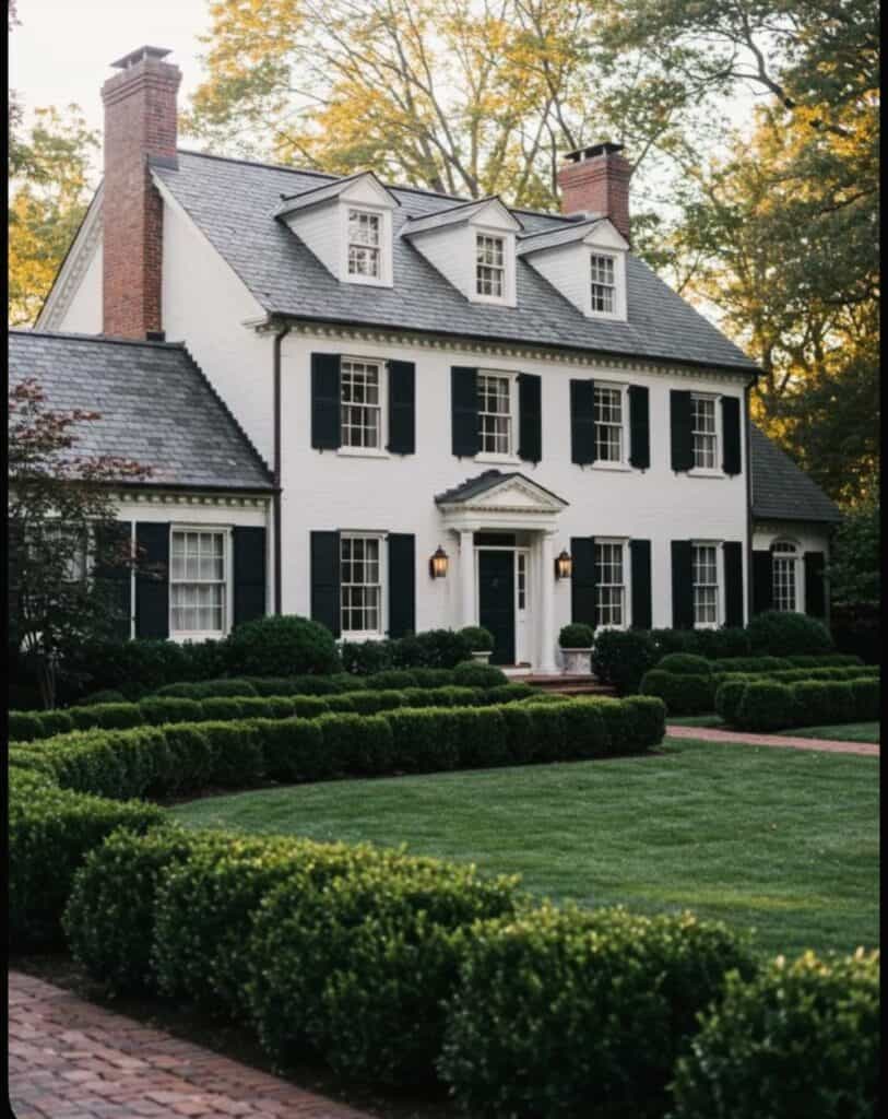 Elegant white colonial house with black shutters, surrounded by lush green lawn and trees.
