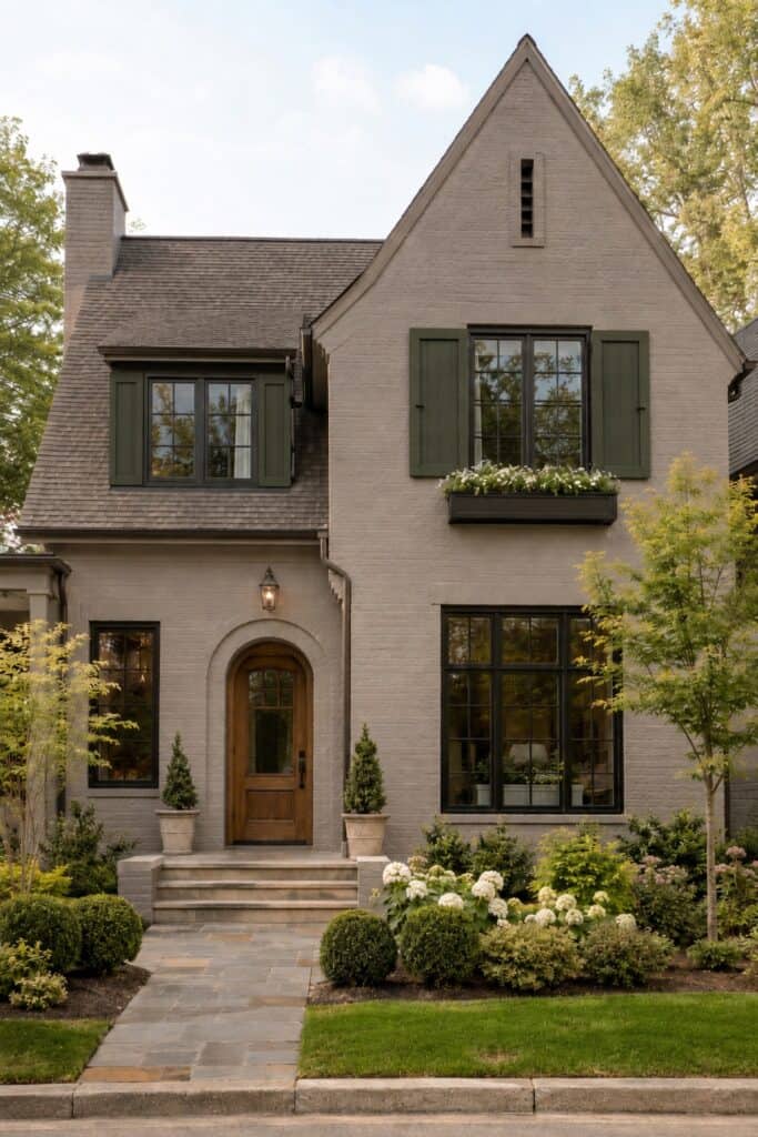 Elegant painted brick house with green shutters and lush garden.