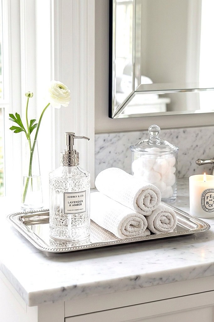 Bathroom decor with fresh flowers, rolled towels, and luxury toiletries on marble countertop.
