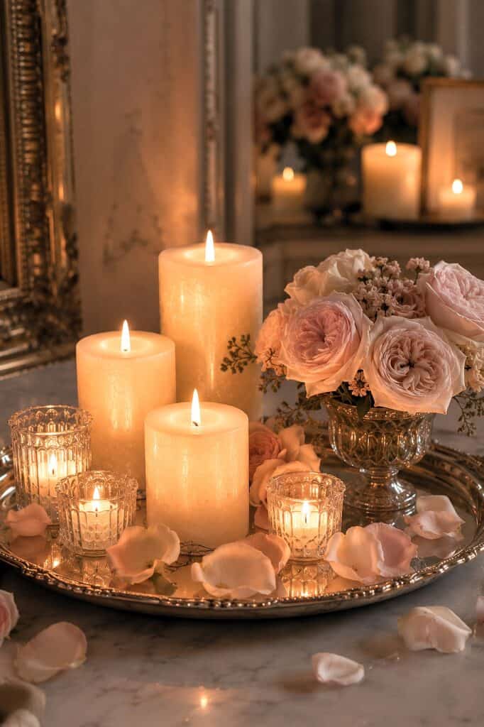 A romantic floral arrangement with pink roses and glowing candles on a silver tray.